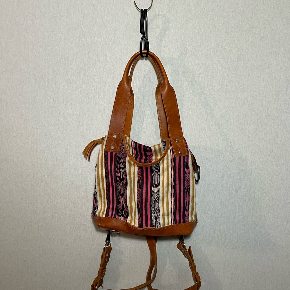 Hiptipico Boho Stripe Canvas Tote Bag with Tan Leather Trim